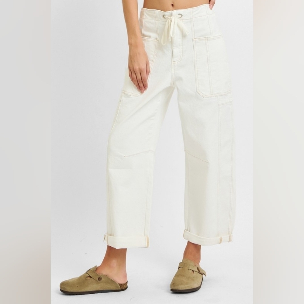 Risen HR Wide Barrel Jeans Cream Cuffed Ankle Cargo Patch Pocket Various NEW - Picture 6 of 6